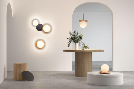 Lampa stołowa FLOC czarny mat, drewniany naturalny Ø17 1xE27 szkło mlecznobiałe