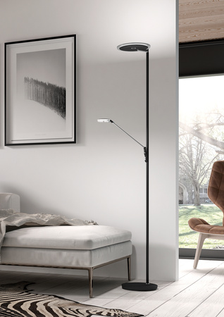 Lampa podłogowa ONE chrom, czarny mat LED 30W+10W 3000K szkło dymione