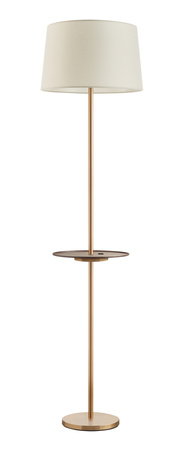 Lampa podłogowa ROMESA mosiądz mat, orzech 1xE27 porty USB A & C abażur kremowy