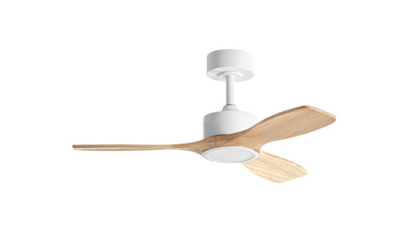 Wentylator SANTORINI XS biały, drewno naturalne Ø97 DC 30W LED 24W CCT zmienna barwa