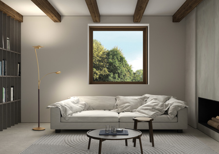 Lampa podłogowa ZENIT WOOD mosiądz mat, orzech LED 30W+10W+7W 3000K ściemnialna