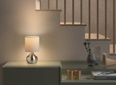 Lampa stołowa GRETA (2szt w komplecie) chrom matowy 1xE27 abażur biały, włącznik dotykowy,  2szt w komplecie